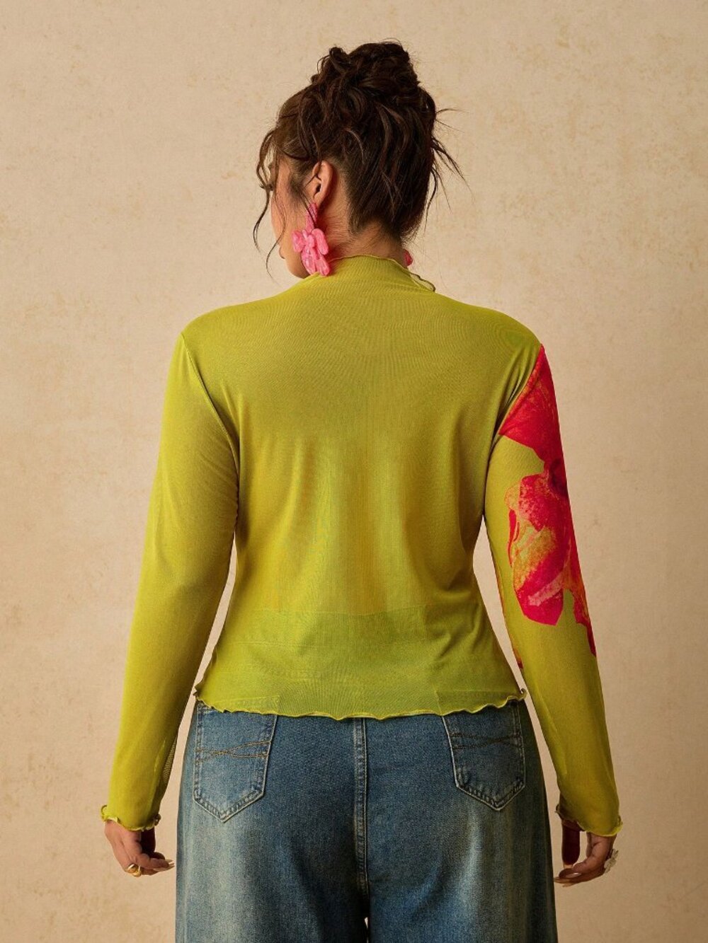 Green Floral Print Casual Women's Plus Size Long Sleeve Base Layer Top - Picture 3 of 7